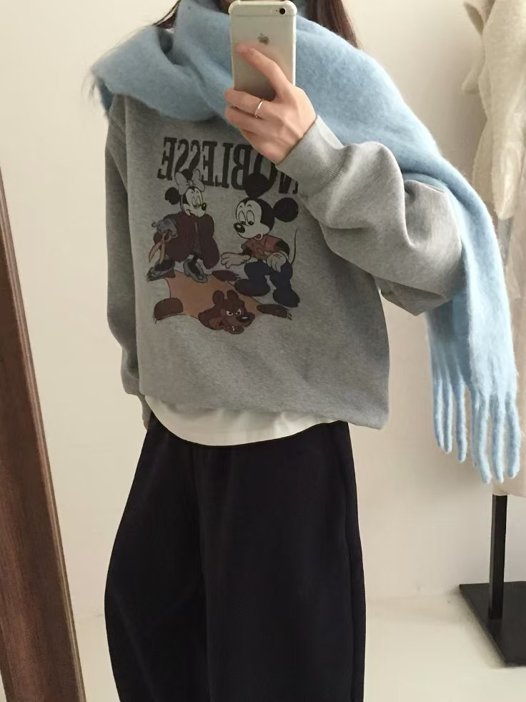 sevenm韩版1268正品卡通印花宽松百搭休闲圆领长袖卫衣女