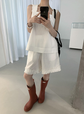 sevenm韩系正品百搭显瘦方领无袖背心木耳边短裤两件套女81688