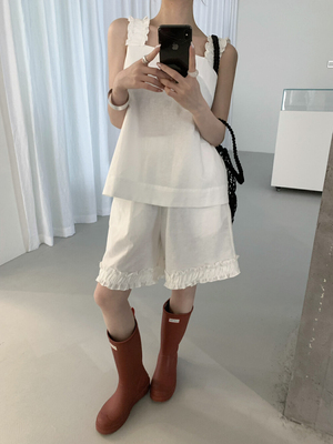 sevenm韩系正品百搭显瘦方领无袖背心木耳边短裤两件套女81688