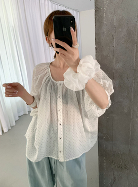 sevenmeter韩版正品百搭显瘦圆领波点印花短袖衬衫女E3200