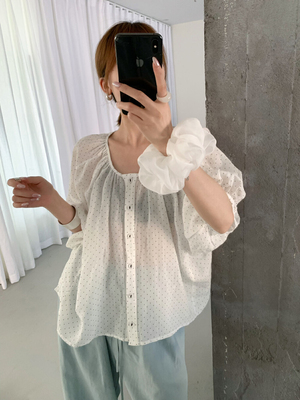 sevenmeter韩版正品百搭显瘦圆领波点印花短袖衬衫女E3200