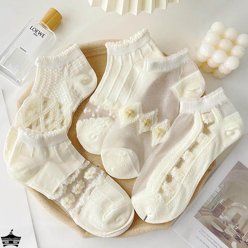 白色短袜女ins潮夏季薄款水晶丝纯棉蕾丝花边可爱日系船袜香薰