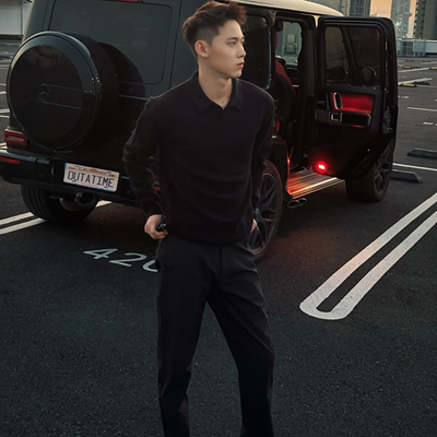 sostine「老钱风 海鸥领」休闲长袖V领针织衫男翻领新贵POLO毛衣