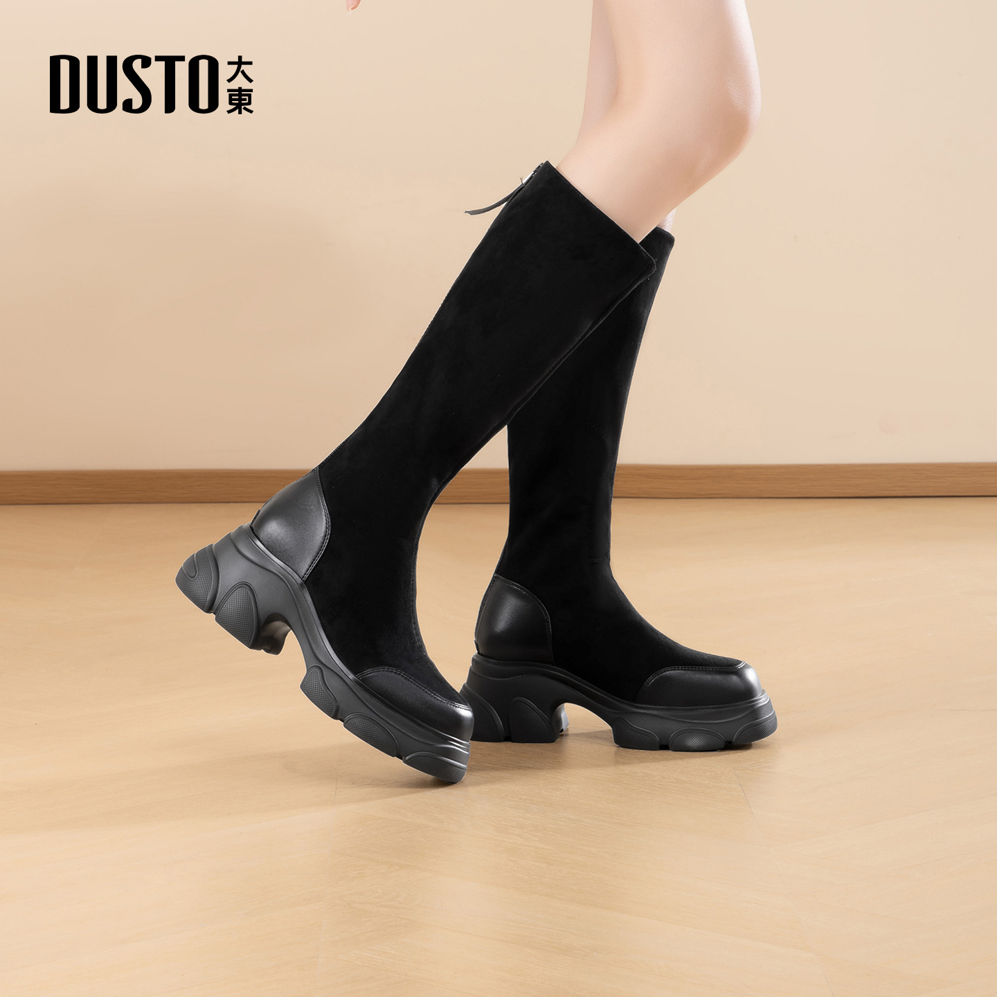 大东女靴袜子靴复古绒面加绒厚底