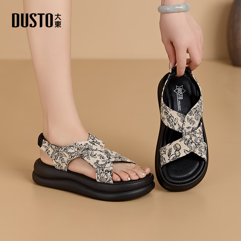 DUSTO大东休闲中跟圆头女凉鞋女