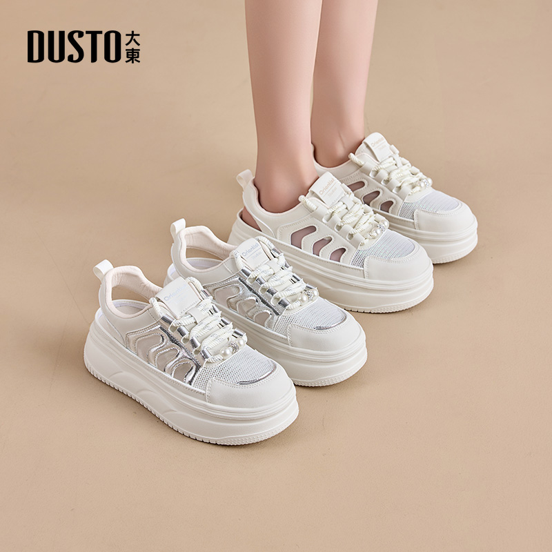 大东运动鞋系带圆头平底网面鞋