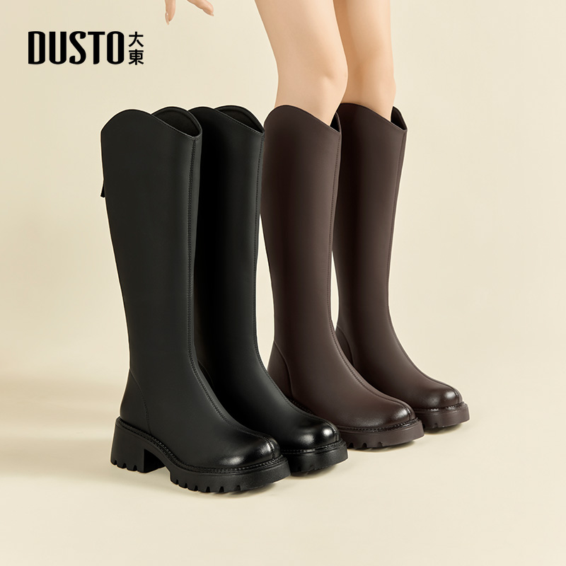 大东女靴长筒圆头粗跟高跟骑士靴