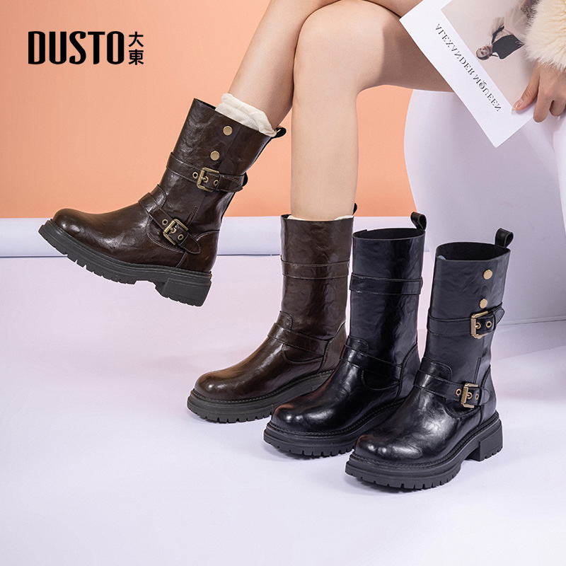 大东女靴中筒靴厚底切尔西靴圆头