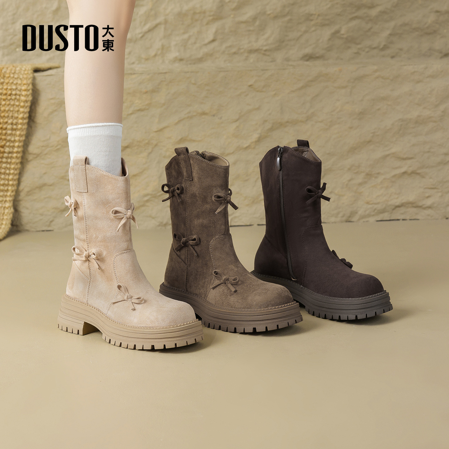 大东女靴时装靴圆头粗跟厚底蝴蝶