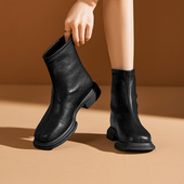 保暖粗跟厚底方头靴子女后拉链时尚 大东加绒女短靴冬季 新款 中筒靴