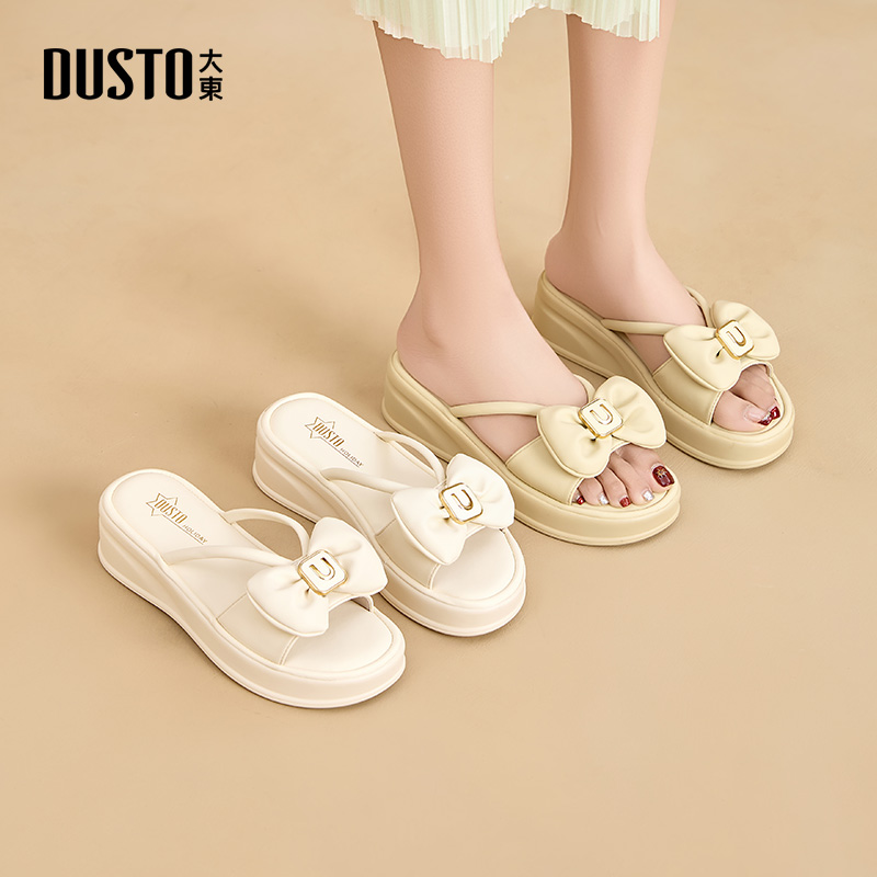 大东女休闲坡跟圆头蝴蝶结拖鞋女