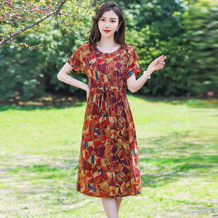 时尚 夏季 洋气长裙50岁60岁妈妈装 棉绸连衣裙中老年女装 裙子潮 新款