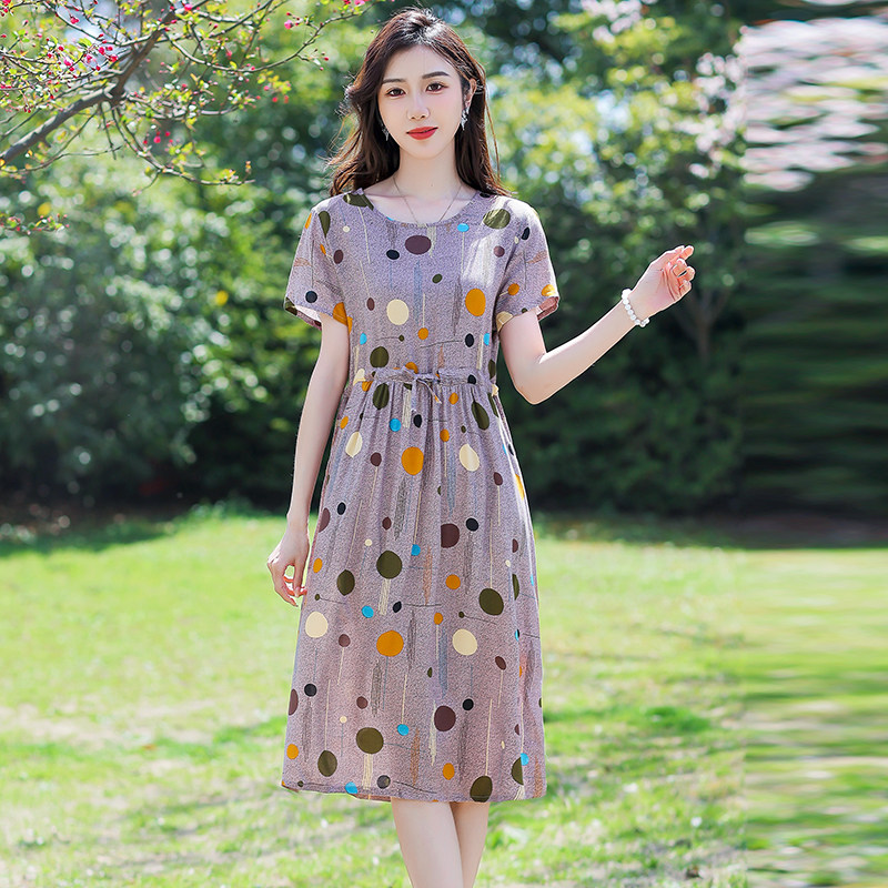 时尚遮肚子连衣裙女夏2024新款宽松休闲夏天妈妈减龄棉绸洋气裙子
