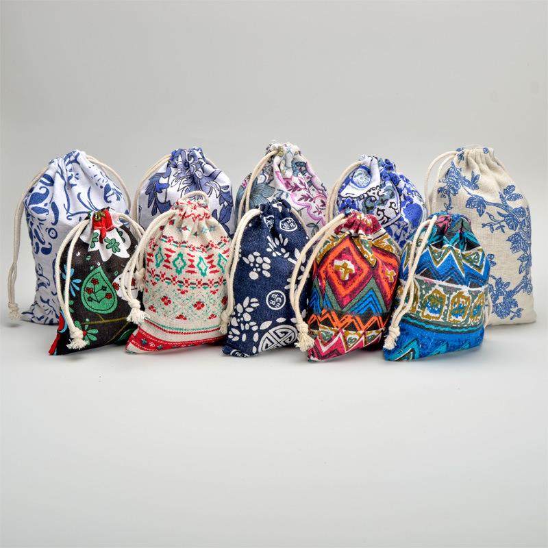 印花棉麻布抽绳袋 首饰礼品名族风小布袋环保束口袋拉绳袋子