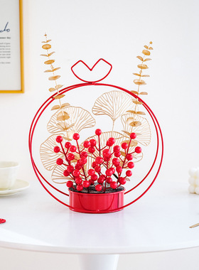 春节红色发财果花篮冬青红果插花铁艺架子年宵花爆款花篮铁皮花盆