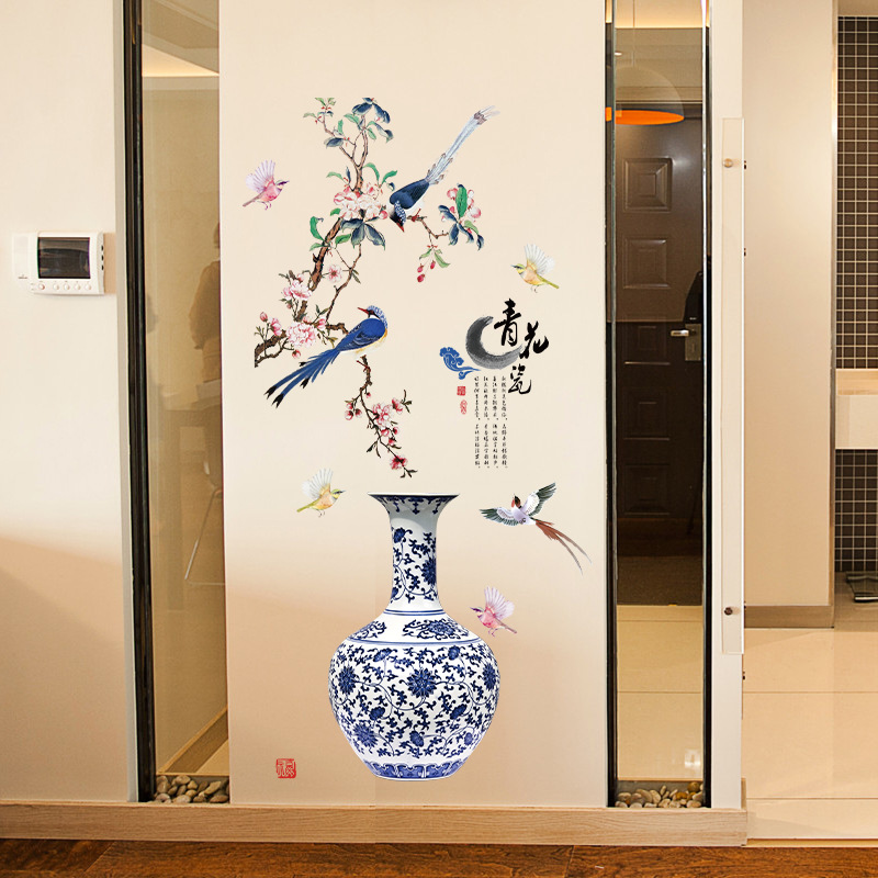 青花瓷仿真花瓶画新中式玄关卧室客厅餐厅电视背景装饰墙贴K9377图片