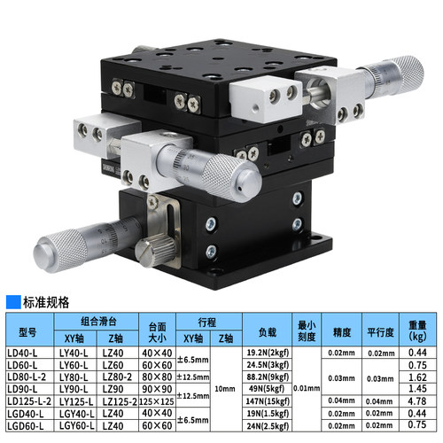 XYZ轴LD60/40/80位移平台三轴手动微调升降XY工作台 Z光学移动滑