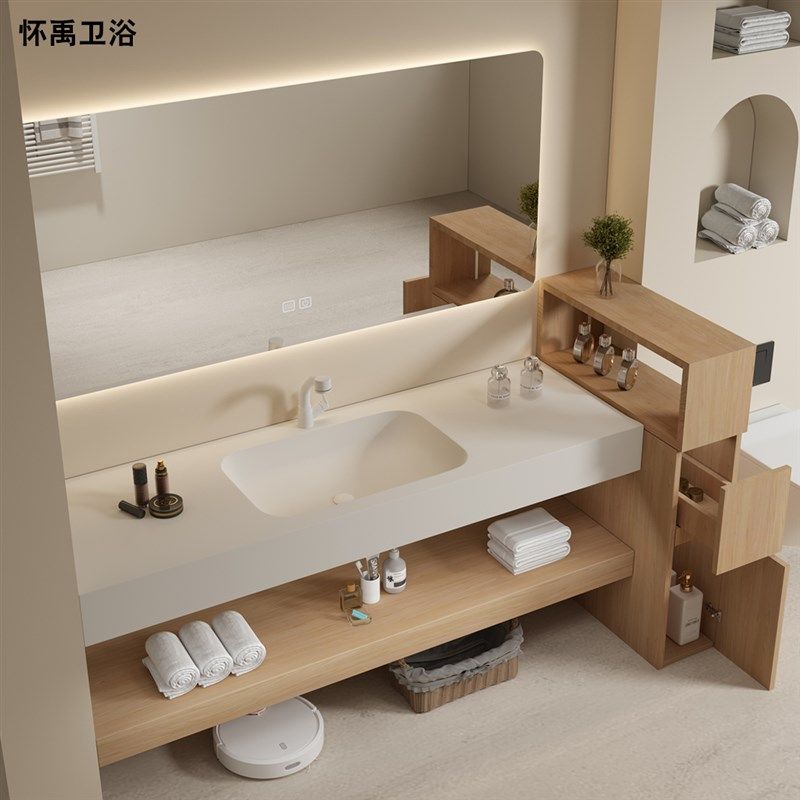 原木风可丽耐一体盆岩板无缝盆浴室柜组合实木洗S漱台洗手盆柜定,家装主材,浴室柜组合,淘宝优惠券,粉丝福利购,淘宝优惠卷