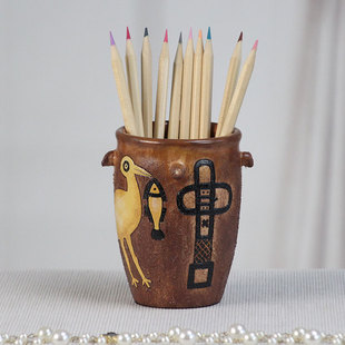 鹳鱼石斧彩陶笔筒创意陶瓷仿古收纳桶桌面收纳P盒文创小纪念品礼
