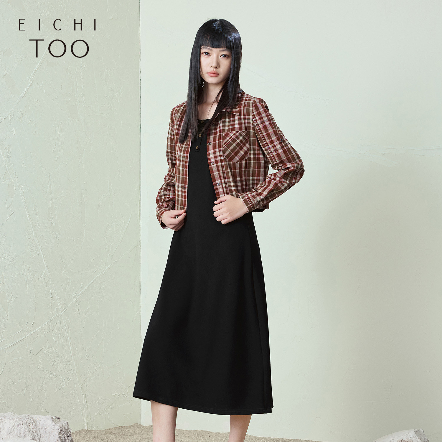 爱居兔两件式连衣裙女夏季格纹衬衫背心裙套装