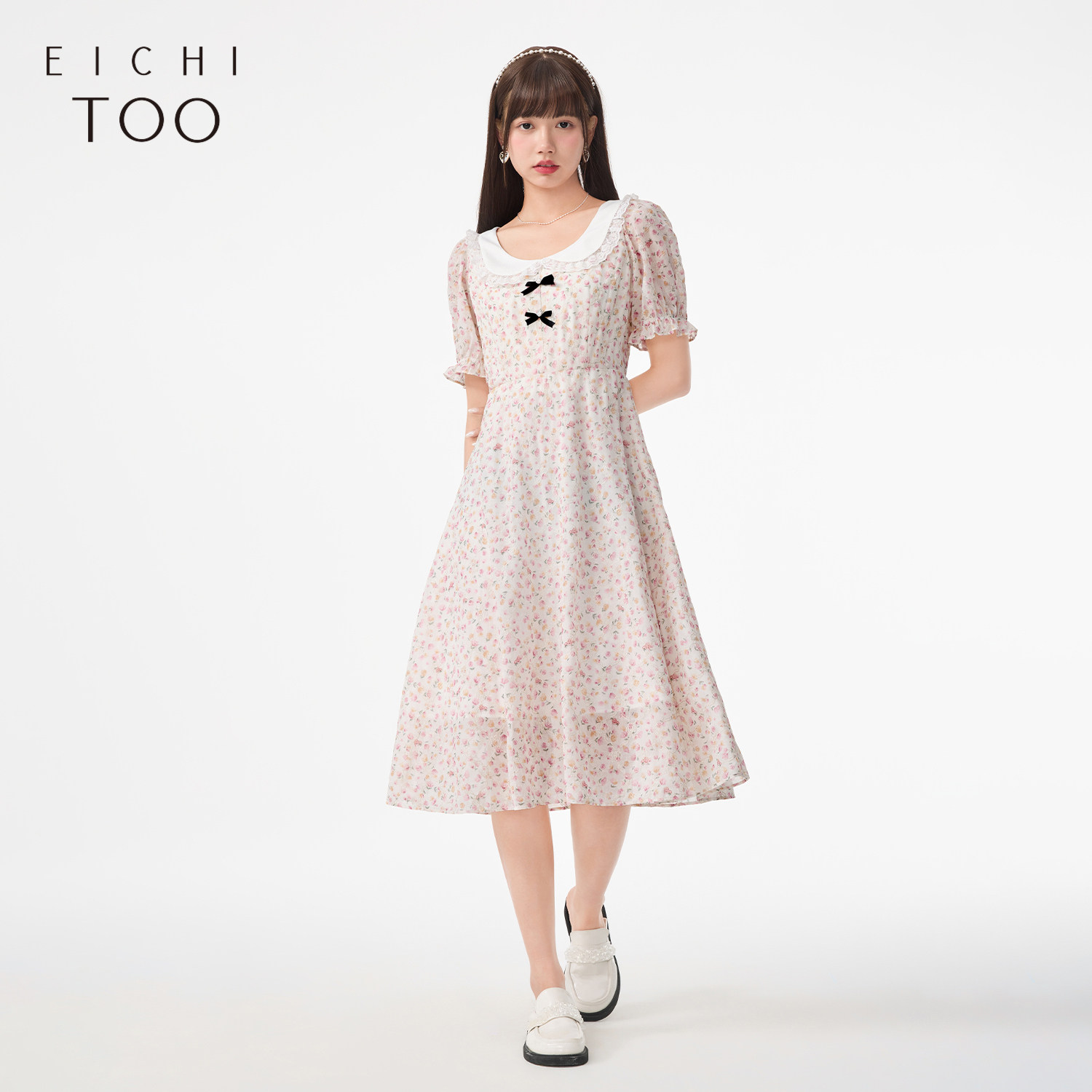 爱居兔夏季蕾丝翻领印花优雅淑女短袖连衣裙