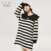 爱居兔秋女装 连衣裙 长袖 黑白经典 条纹荷叶边大翻领简约时尚