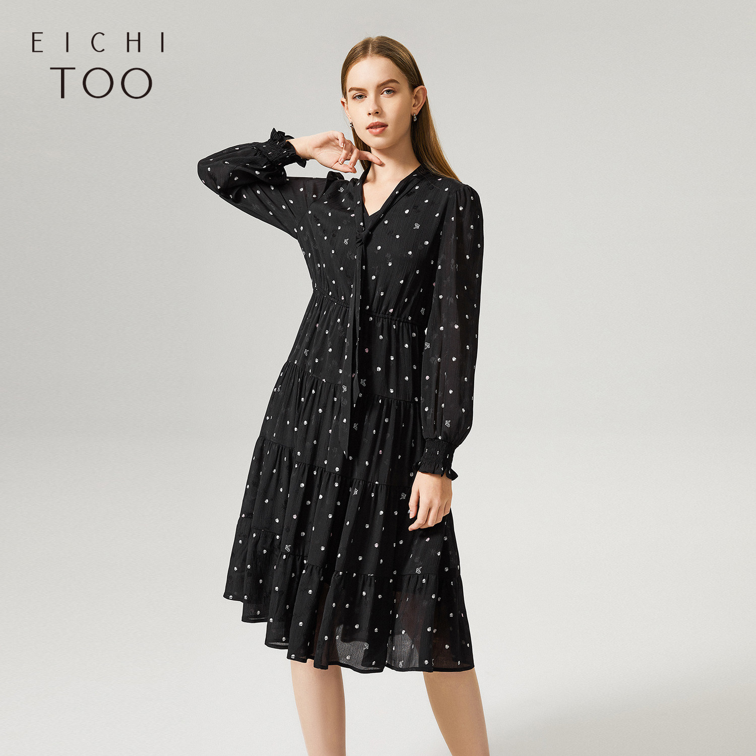 爱居兔连衣裙女春季满印撞色面料系带领口宽松长袖连衣裙裙子女,女装/女士精品,连衣裙,淘宝优惠券,粉丝福利购,淘宝优惠卷