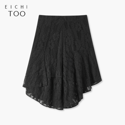 爱居兔蕾丝半身裙女秋季时尚黑色不规则中长款单裙裙子