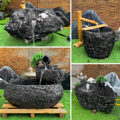 新中式黑山石水钵庭院景观异形石雕流水摆L件户外水景置石天然石