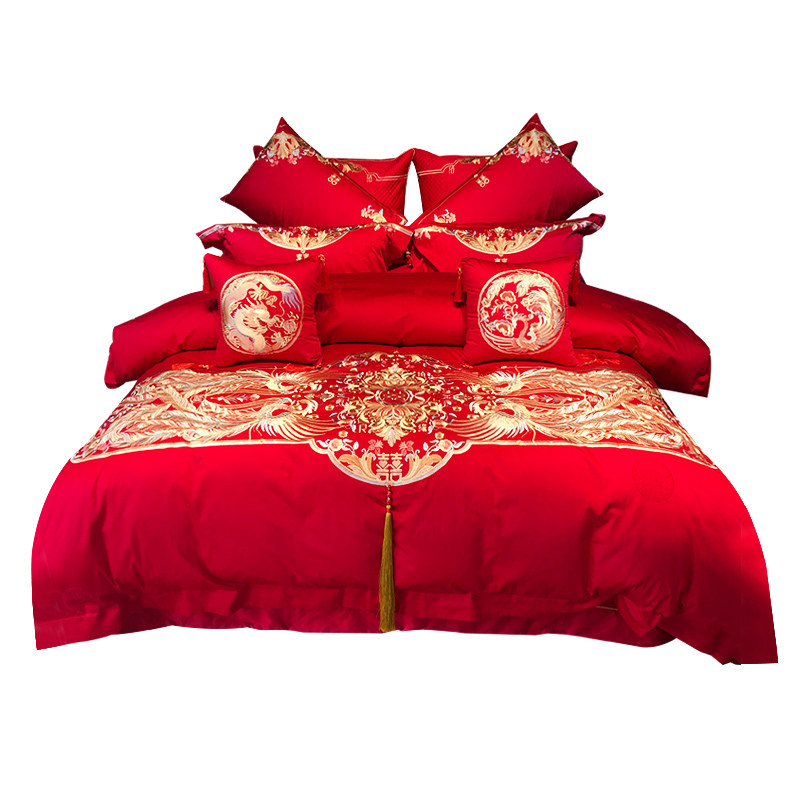 高端中式婚庆140支匹马棉w四件套全棉龙凤刺绣被套大红色结婚床品