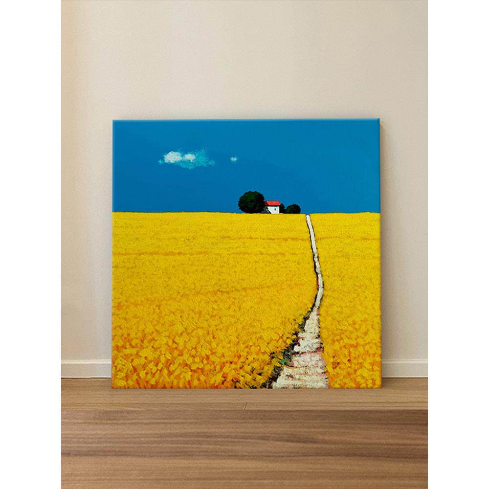 欧式小众风景装饰画客厅金色麦田蓝天手绘油画玄关正方形艺术挂画