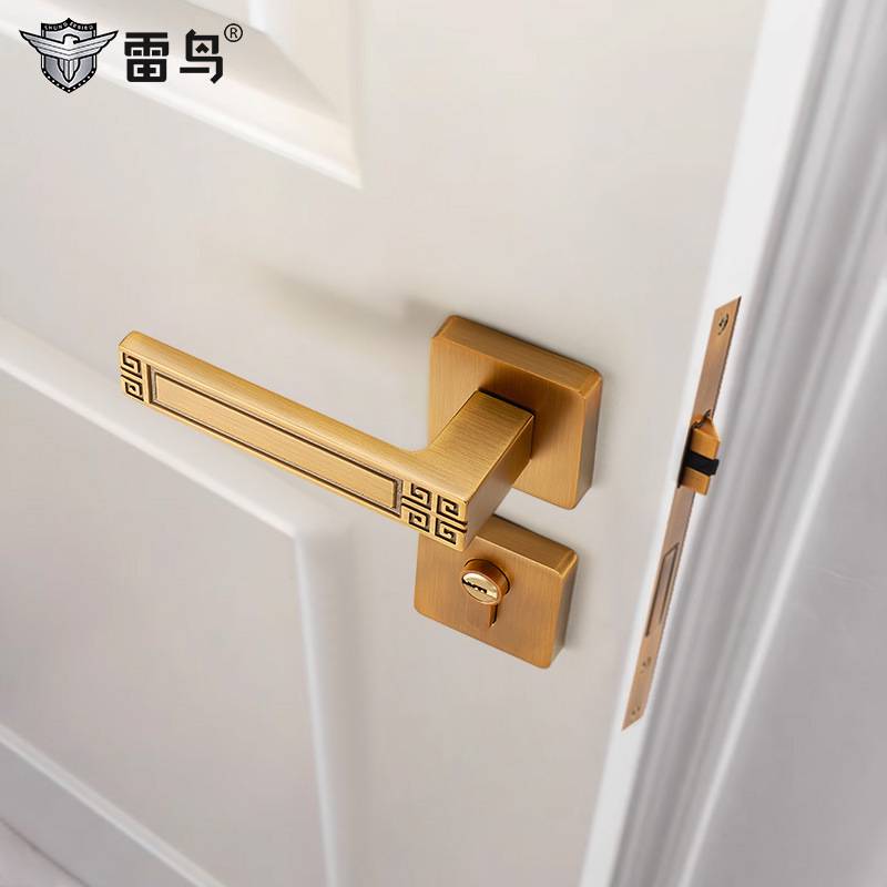 雷鸟新中式黄古铜门锁室内中式复古卧室房门锁静音分体仿古门把手