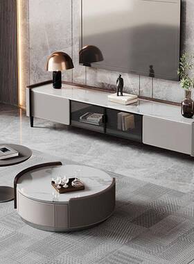 意式TYW马极简鞍皮轻奢圆形岩板茶合几边几电视柜组几小户型客厅