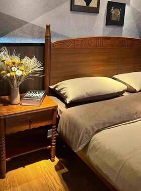 中古风胡桃木.M实木双人床卧室法式古1.5M单人民GRN-M623宿复燕尾