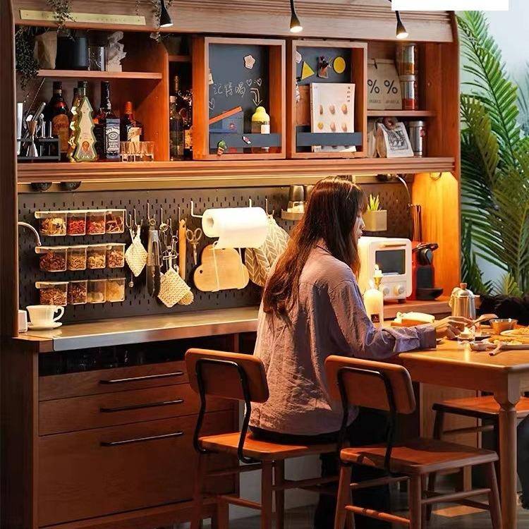 樱桃木花餐高边柜GCF木柜酒柜日式园餐实桌一体靠墙柜