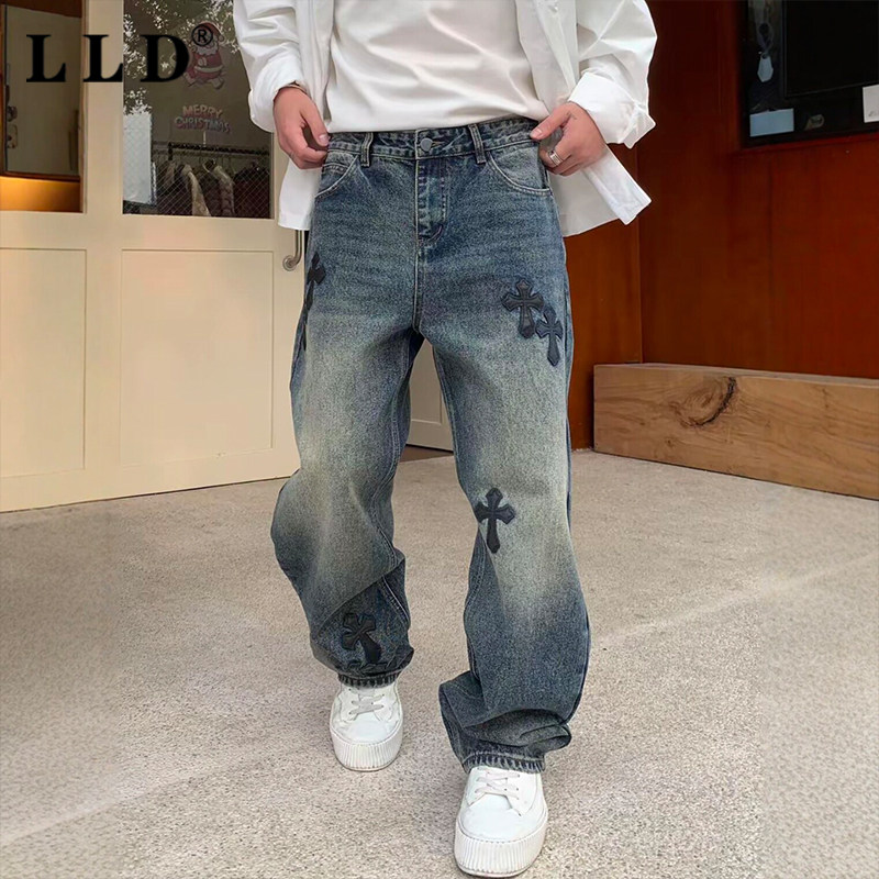 高端蓝色牛仔裤男款夏季薄款美式潮牌十字架透气直筒弯刀休闲长裤