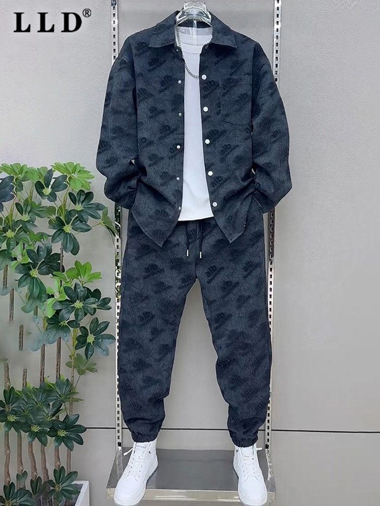 高端印花牛仔休闲套装男春秋2025新款宽松翻领外套束脚男士一整套,男装,休闲运动套装,淘宝优惠券,粉丝福利购,淘宝优惠卷