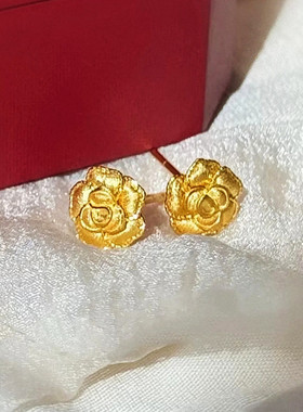 复古浪漫绽放丝绒玫瑰花耳钉 女纯银镀18K黄金色花朵耳环耳饰设计