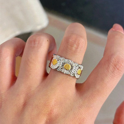 小雏菊戒指纯银925白金无钻花朵开口可调节指环小众设计男女情侣