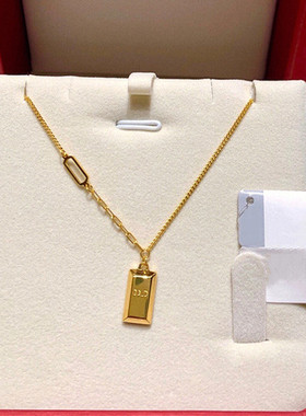 小金条项链 女纯银镀18K黄金色5G长方形金砖锁骨链简约通勤百搭潮