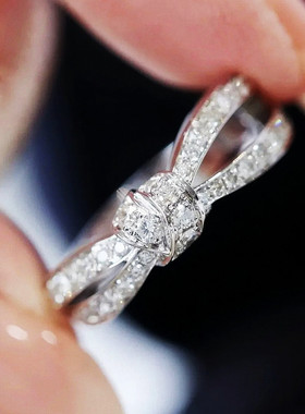 蝴蝶结丝带戒指 女纯银满钻绳结指环18K白金婚戒高级轻奢名媛时尚