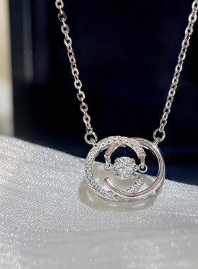 双C灵动项链女纯银白金镶钻字母C圆环吊坠锁骨链时尚百搭简约礼物