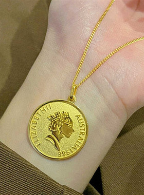 伊丽莎白女王头像金币项链 纯银镀18K黄金色圆形锁骨链男女情侣潮