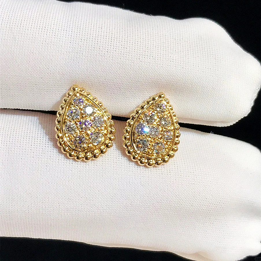 波西米亚水滴耳钉 女纯银镀18K黄金色白金满钻耳环耳饰精致时尚潮