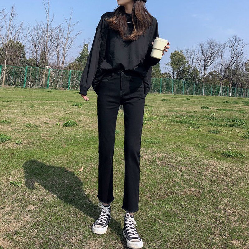 黑色直筒牛仔裤女2024年夏季新款烟管高腰显瘦薄款七八九分小个子