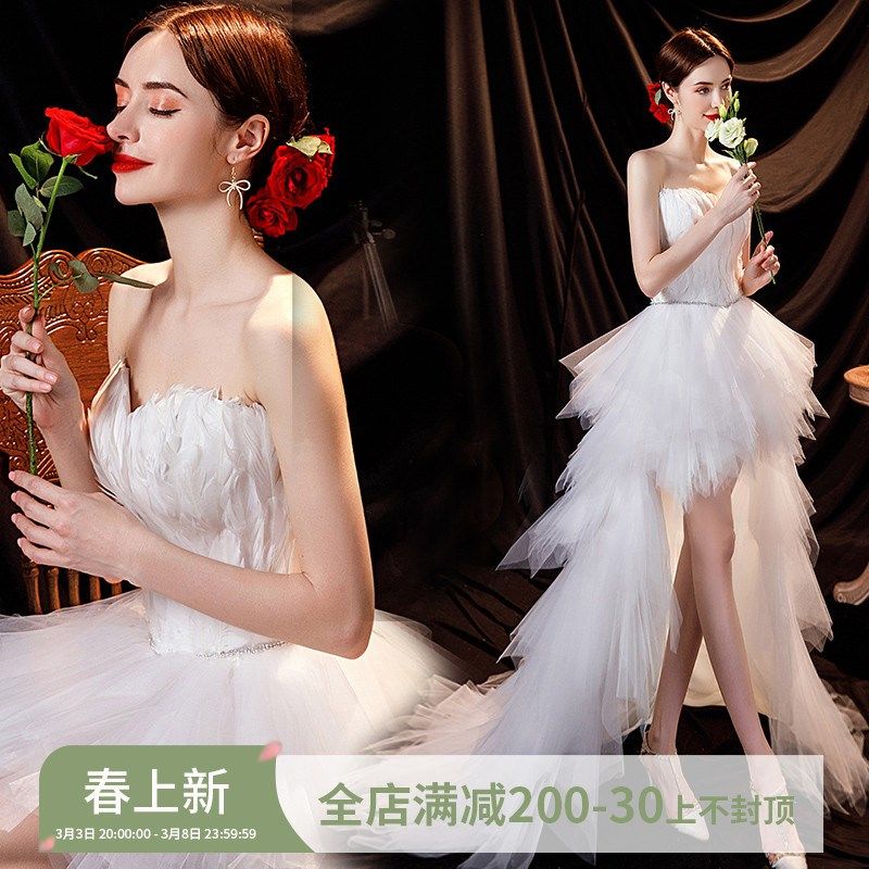 速发羽毛镶晨 抹胸公主新娘前短后长拖服婚纱礼尾礼服钻袍1701