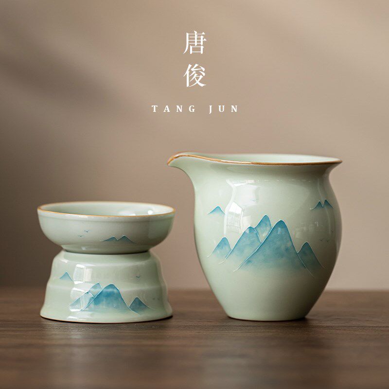 速发手绘釉下彩茶漏茶滤陶瓷公道杯茶滤网一体景德镇过滤三件套新