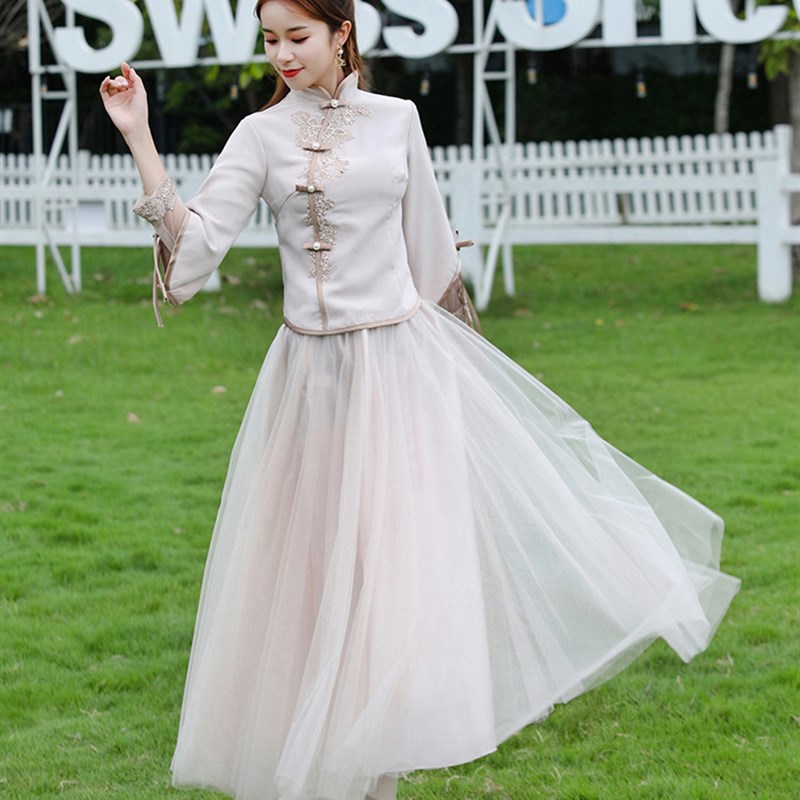 小众高货中式伴娘服中国风2021新款显瘦遮肉长袖姐妹服团大码胖mm