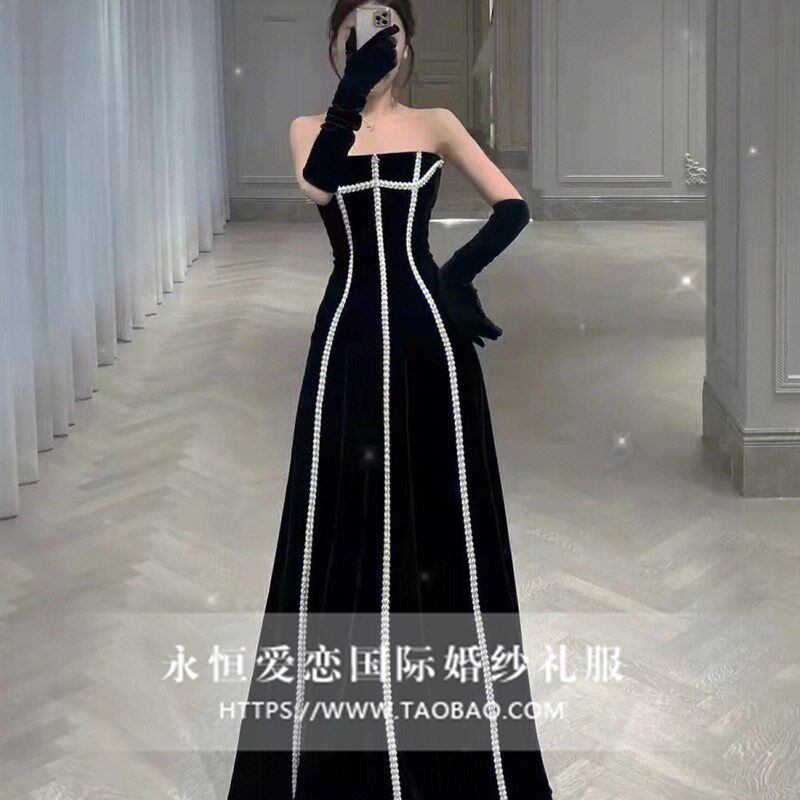 速发敬主服新娘复024新款气质宴会赫本2古高级质感酒持黑色晚礼服