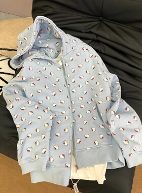 速发特大码00斤帽蓝色满印美浅卫衣春秋连式慵懒情侣装外套